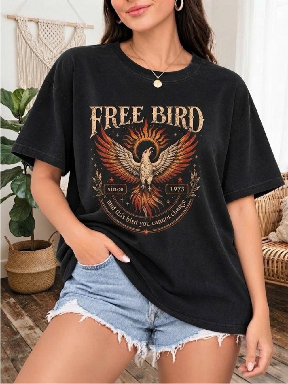 Vintage Black Tee with Orange & Cream Phoenix "Free Bird"